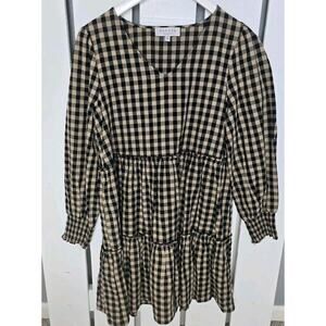 Hayden LA Smocked Cuff V Neck Tiered Brown Black Plaid Dress‎ Babydoll Small